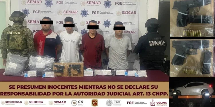 Policía Estatal detiene a cuatro personas en el municipio de Colima y les aseguran armas de fuego, droga y equipo táctico
