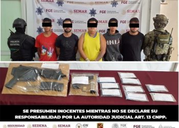 Fuerzas de Seguridad en Colima aprehenden a 5 personas con arma larga, cartuchos y dosis de droga