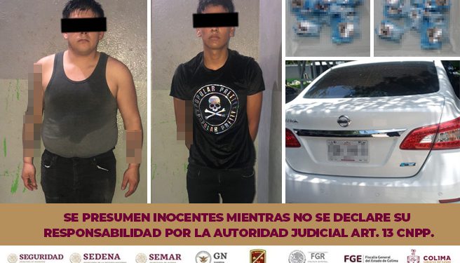 Policía Estatal detiene a 2 personas con droga y les aseguran un vehículo, en el municipio de Colima