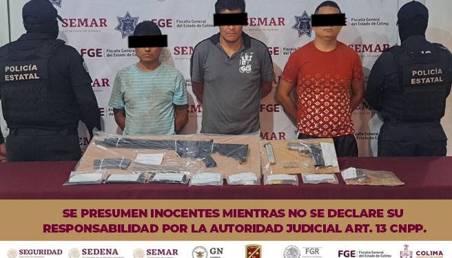 Policía Estatal de Colima y Marina detienen a tres individuos y les aseguran armas, narcóticos y vehículo FGE