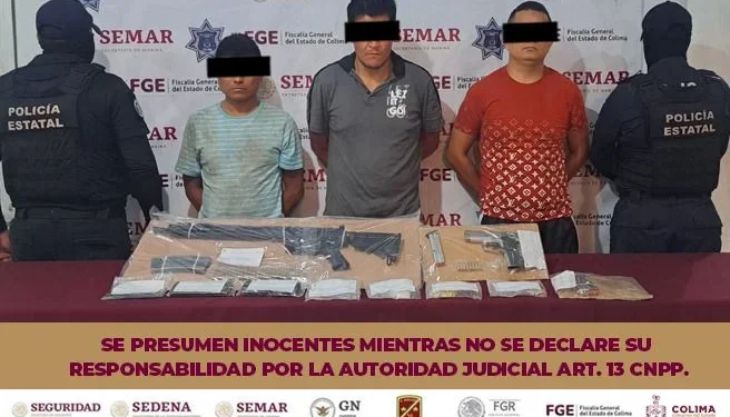 Policía Estatal de Colima y Marina detienen a tres individuos y les aseguran armas, narcóticos y vehículo FGE