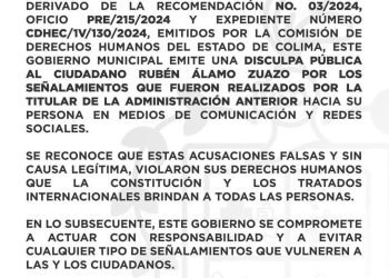 El Gobierno de Manzanillo emite disculpa pública al Sr. Rubén Álamo Zuazo
