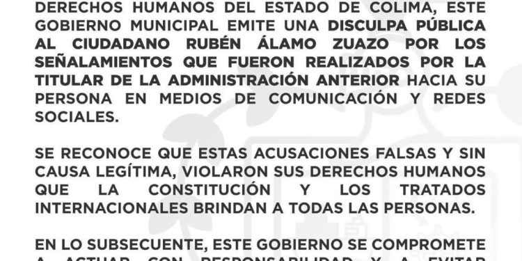 El Gobierno de Manzanillo emite disculpa pública al Sr. Rubén Álamo Zuazo