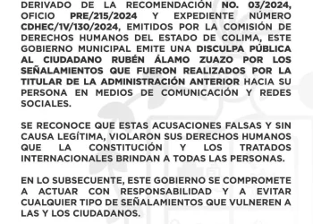 El Gobierno de Manzanillo emite disculpa pública al Sr. Rubén Álamo Zuazo