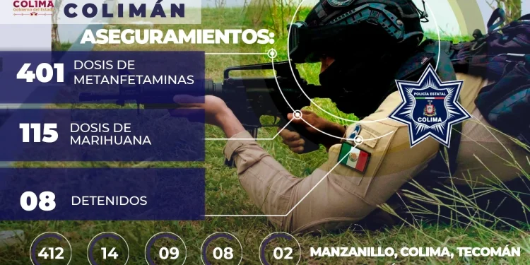 Policía Estatal de Colima detiene a 8 personas y asegura más de 500 dosis de estupefacientes