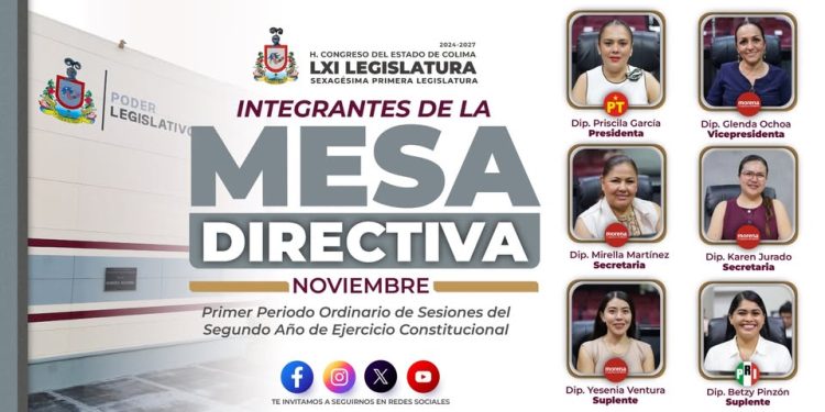 H Congreso del Estado de Colima. Las diputadas que integran la 𝗽𝗿𝗲𝘀𝗶𝗱𝗲𝗻𝗰𝗶𝗮 𝘆 𝘃𝗶𝗰𝗲𝗽𝗿𝗲𝘀𝗶𝗱𝗲𝗻𝗰𝗶𝗮 𝗱𝗲 𝗹𝗮 𝗠𝗲𝘀𝗮 𝗗𝗶𝗿𝗲𝗰𝘁𝗶𝘃𝗮
