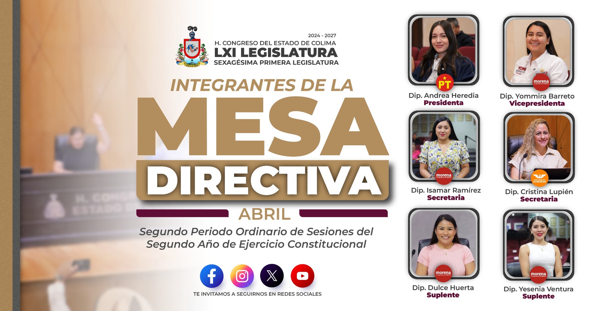 Informa H. Congreso del Estado de Colima quiénes integrarán la mesa directiva el mes de abril