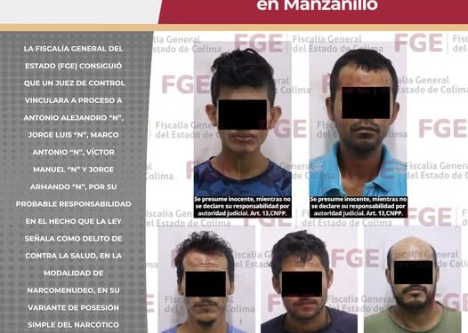 FGE.  Cinco hombres son vinculados a proceso por narcomenudeo en Manzanillo