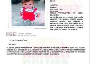 Alerta Amber Colima solicita tu apoyo para localizar al menor, Joaquín Abad Mendoza Ramírez, quien fue visto por última vez en compañía de su padre.