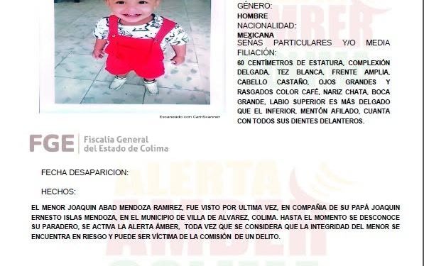 Alerta Amber Colima solicita tu apoyo para localizar al menor, Joaquín Abad Mendoza Ramírez, quien fue visto por última vez en compañía de su padre.