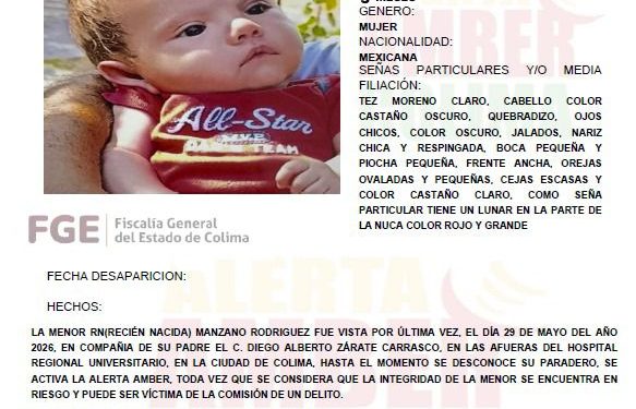 FGE.   Alerta Amber Colima solicita tu apoyo para localizar a la menor RN MANZANO RODÍGUEZ, quien fue vista por última vez en compañía de su padre.
