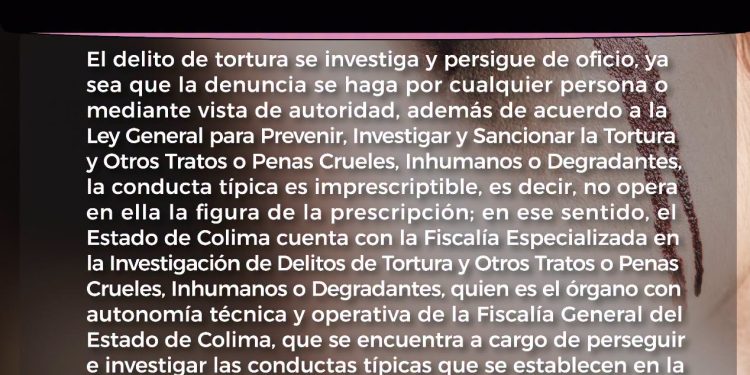 FGE.  La tortura es un delito que se investiga y persigue de oficio.