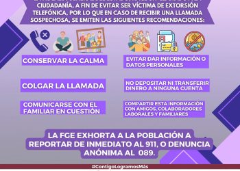 LA FISCALIA GENERAL DEL ESTADO, HACE LLAMADO A LA CIUDADANIA, A FIN DE EVITAR SER VICTIMA DE EXTORSION TELEFONICA.