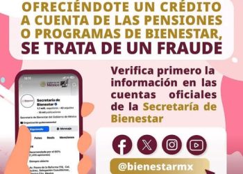 ¡No te dejes engañar! Si recibes mensajes que ofrecen créditos usando como respaldo una Pensión o Programa para el Bienestar, verifica la información antes de compartir tus datos personales.
