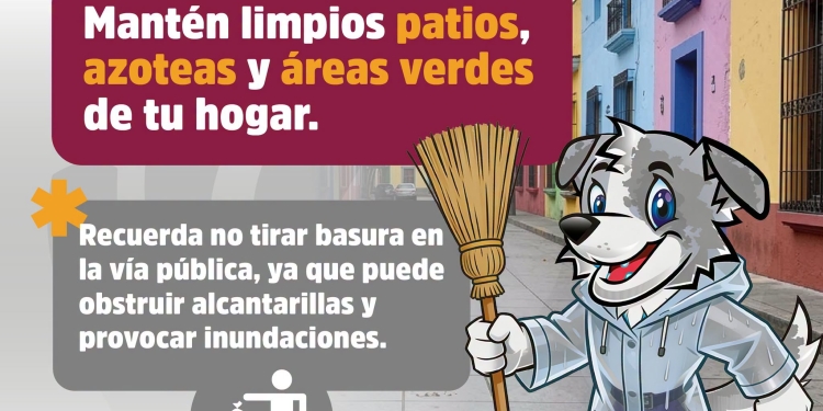 En esta temporada de lluvias, mantén limpios patios, azoteas y áreas verdes. Evita tirar basura en la vía pública para prevenir obstrucciones e inundaciones.